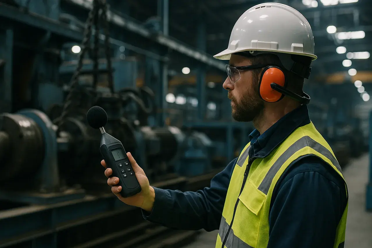 Técnico de segurança do trabalho com capacete, óculos e protetor auricular fazendo medição de nível de ruído com decibelímetro em planta industrial