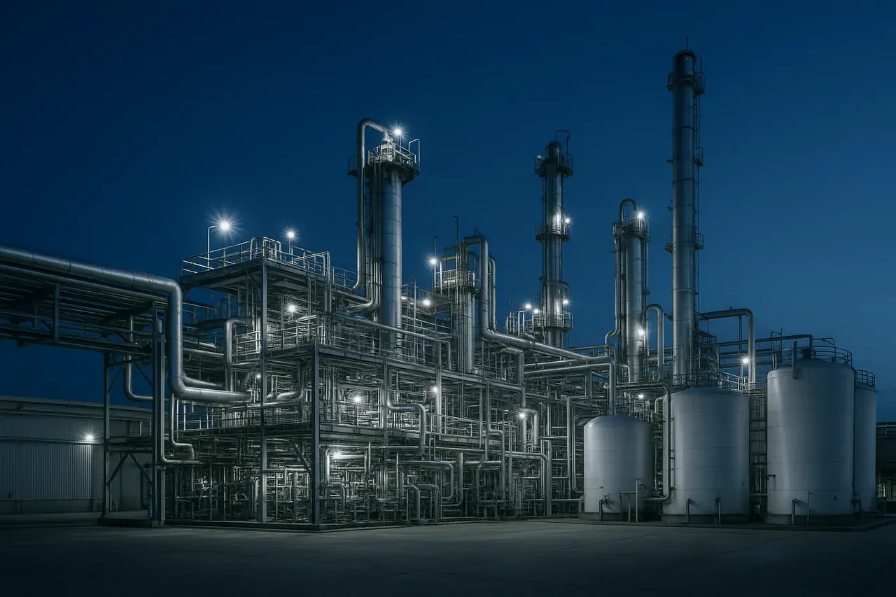 Planta de processamento químico com tubulação e tanques de armazenamento ao anoitecer